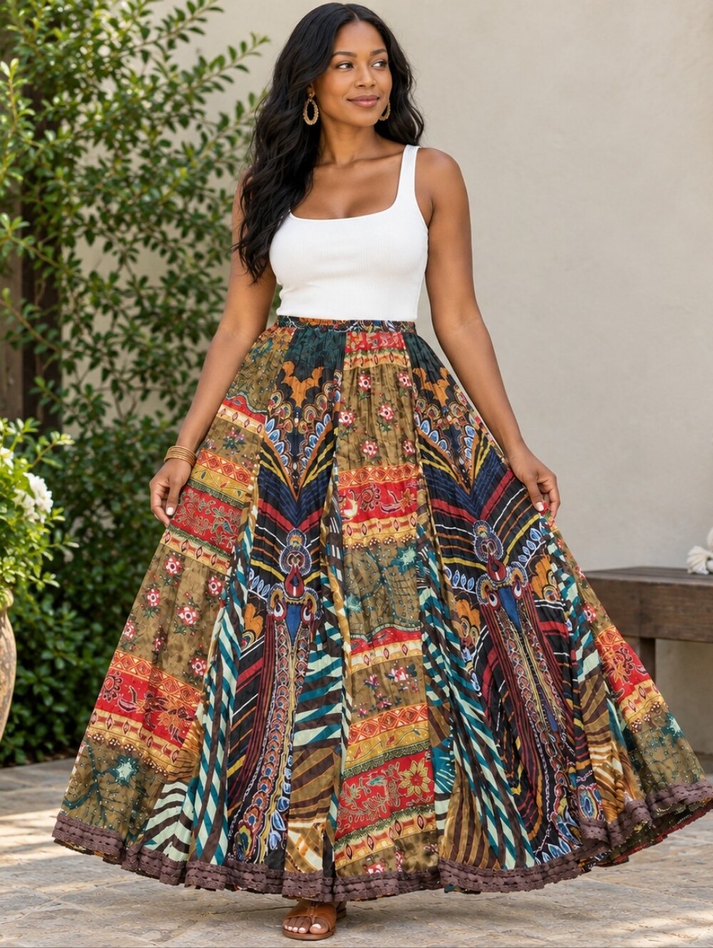 Soft Surroundings Multicolor Floral Print Flare Skirt Elastic Lined Size 2X Boho
